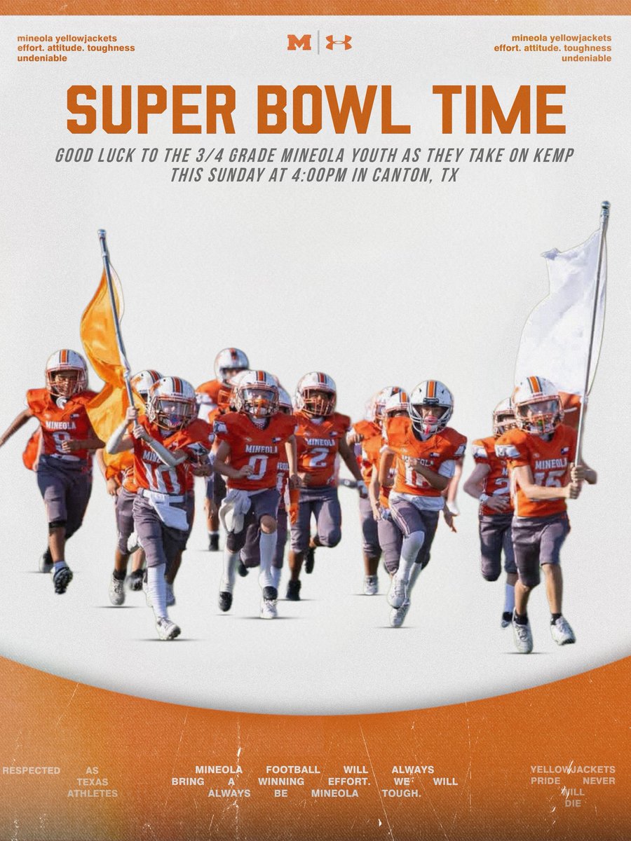 SUPER BOWL TIME BABY

Good luck to the 3/4th grade Mineola Youth as they travel to Canton, Tx this Sunday to take on Kemp for the Super Bowl. LET’S GOO!

#TOUGH #UNDENIABLE