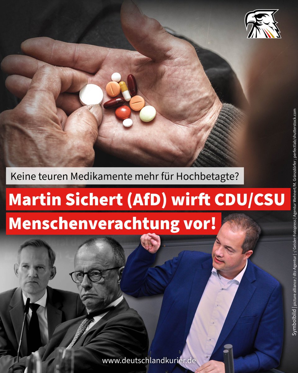 Keine teuren Medikamente mehr für Hochbetagte? Martin Sichert (<a href="/AfD/">AfD</a>) wirft CDU/CSU Menschenverachtung vor!

Der CDU-Gesundheitspolitiker und Drogenbeauftragte der Bundesregierung Hendrik Streeck hat zur Diskussion gestellt, ob Ärzte sehr alten Menschen noch teure Medikamente