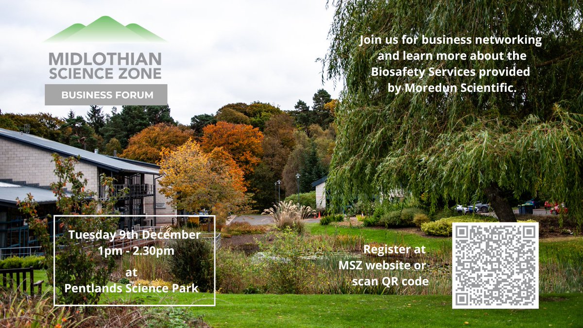MidlothScience's tweet image. Connecting businesses #inthezone. Join us on 9th December for our last Midlothian Science Zone Business Forum of 2025 to hear about the #Biosafety Services provided by Moredun Scientific.
Hosted on the stunning parkland setting of Pentlands Science Park ➡️ midlothiansciencezone.com/events/midloth…
