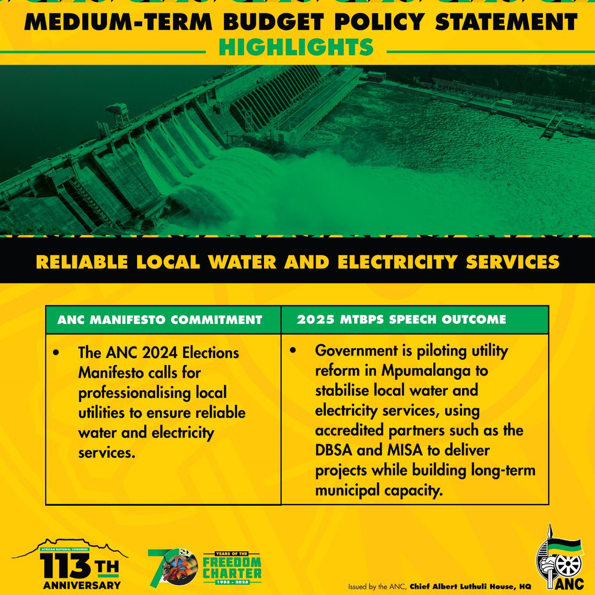 MYANC's tweet photo. #MTBPS2025: RELIABLE LOCAL WATER AND ELECTRICITY SERVICES
The ANC 2024 Elections Manifesto calls for professionalising local utilities to ensure reliable water and electricity services.
#OurBudgetYourPriority
#ABetterLifeForAll https://t.co/YrgKGNYMii