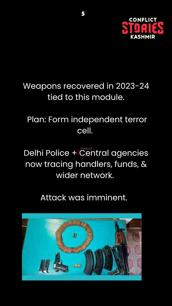 ConflictStories's tweet photo. Weapons recovered in 2023-24 tied to this module.

 Plan: Form independent terror cell. 

Delhi Police + Central agencies now tracing handlers, funds, &amp; wider network. 

Attack was imminent.  

#NationalSecurity #FoiledAttack 
 
[ 5/7 ] https://t.co/OtfGcMSbny