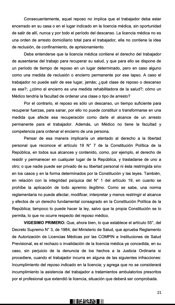 JLT de Arica O-283-25, 10.11.25 El reposo no implica que el trabajador deba estar encerrado en el lugar indicado, sin oportunidad de salir de allí por todo el período del descanso. No contiene la idea de reclusión, de confinamiento, de aprisionamiento. Muy buena sentencia