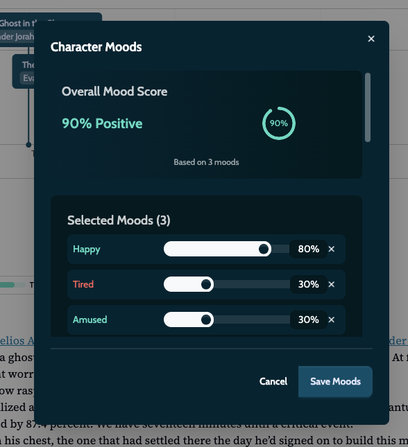 mystory_today's tweet photo. With the upcoming release, assign weighted moods and watch real-time scores for each character in every scene. Shows emotional complexity as it develops, letting characters feel conflicted, hopeful, or angry all at once.

#writingapp #storytelling #characterdevelopment https://t.co/bprhS1UZ6L