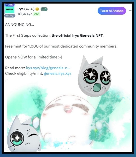 CryptoPawsKing's tweet photo. Gm @irys_xyz  The First Steps collection is here  our official Irys Genesis NFT!
 Free mint for 1,000 of our most loyal community members.
 Act fast  limited spots, mint is OPEN NOW!
Check eligibility &amp; claim yours: https://t.co/3c11vZIp1d
Learn more: https://t.co/ZX9NonBLD5 https://t.co/xxvM2LmTtL