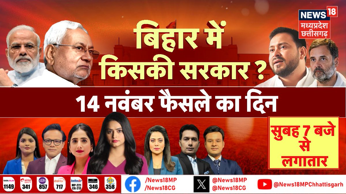 News18MP's tweet image. बिहार विधानसभा चुनाव 2025
14 नवंबर को वोटों की गिनती

एक बार फिर..नीतीश सरकार
या....तेजस्वी को ताज ?

देखिए “बिहार में किसकी सरकार ?”

न्यूज़ 18 मध्यप्रदेश – छत्तीसगढ़ पर
14 नवंबर...सुबह 7 बजे से लगातार
#ResultsWithNews18
#MadhyaPradeshWithNews18
#ChhattisgarhWithNews18