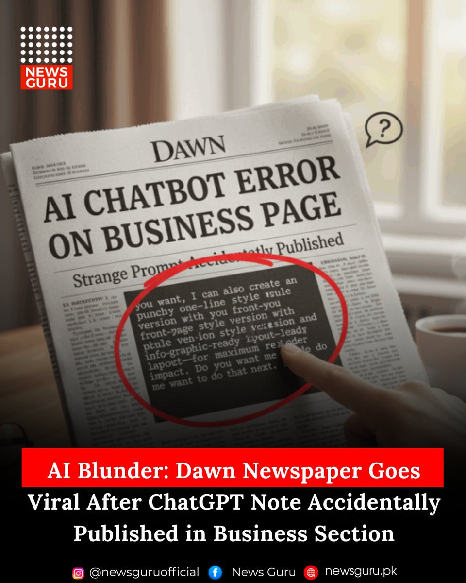 newsgurupk's tweet image. A humorous AI mishap caught everyone’s attention when Dawn Newspaper accidentally printed a ChatGPT note in its business section. 

Read More : newsguru.pk/pakistan/dawn-…

#NewsGuru #DawnNewspaper #AIError #ChatGPT #ViralNews #MediaBlunder #ArtificialIntelligence