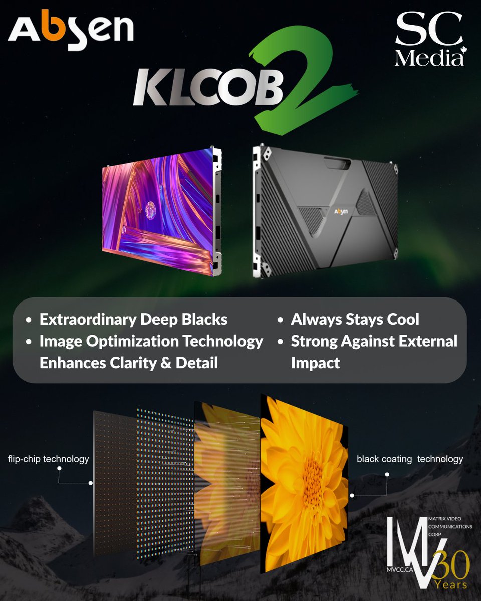 Matrix and <a href="/SCMediaCanada/">SC Media Canada</a> are proud to partner in bringing <a href="/LEDAbsen/">Absen</a>'s cutting-edge LED COB tech to our industry partners!🌟The KLCOB V2 series delivers lifelike clarity, rich color, and stunning visuals. 

Learn more: sales@mvcc.ca
#DVLED #COB #AV #Display #ProAV #VideoWall