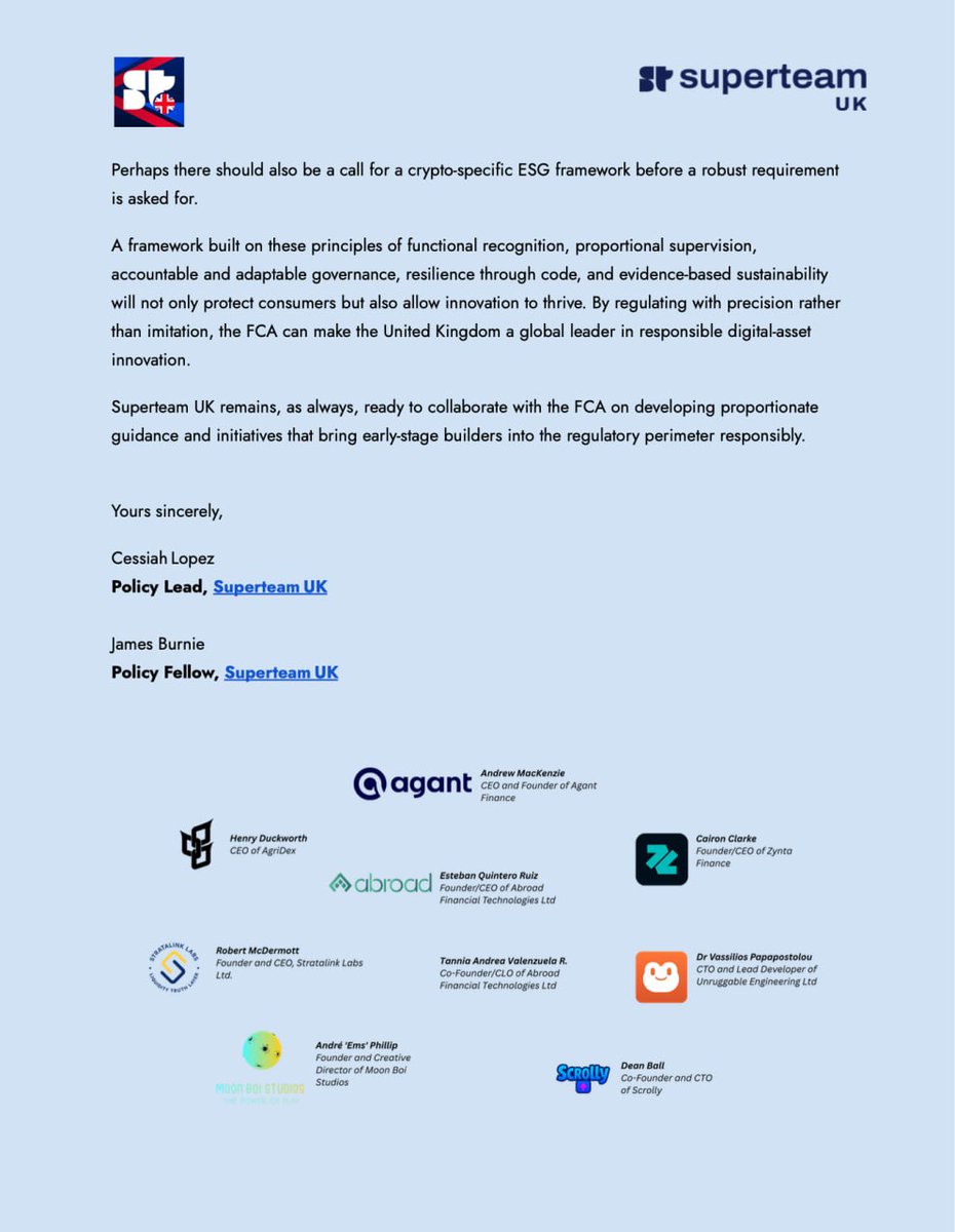 SuperteamUK's tweet photo. We’ve submitted our response to the FCA’s CP on applying the Handbook to regulated cryptoasset activities.

Key areas we addressed:
- Recognise functional differences
- Accountability without bureaucracy
- Operational resilience through code
- Crypto-specific ESG frameworks

Read our full response on LinkedIn 👇