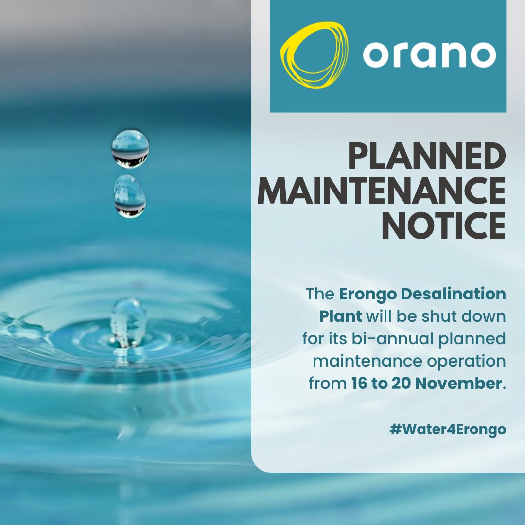 ✅ UPDATE: Please note the minor change in timing.
The Erongo Desalination Plant (EDP) will be shut down for its second planned maintenance operation from 16 to 20 November.
The planned maintenance takes place twice a year and is coordinated with key stakeholders.