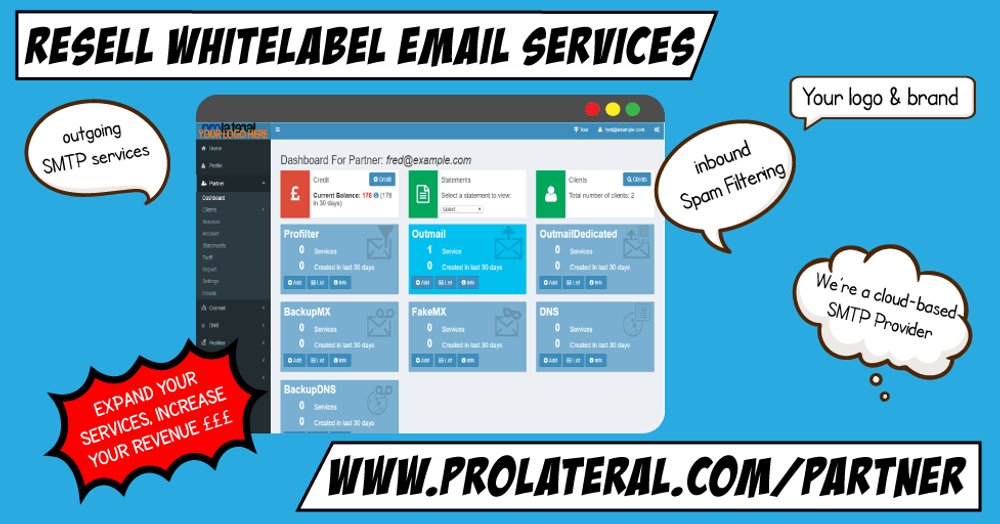 prolateral's tweet image. Have you considered adding #Whitelabel services to your existing portfolio?

- Your Logo, Your Brand
- Your revenue
- inbound #SpamFilter
- outbound #SMTP

prolateral.com/partner

#WhiteLabelUK #WhiteLabel #ITSupport #ITServices #MSP  #Hosting #B2B #Reseller