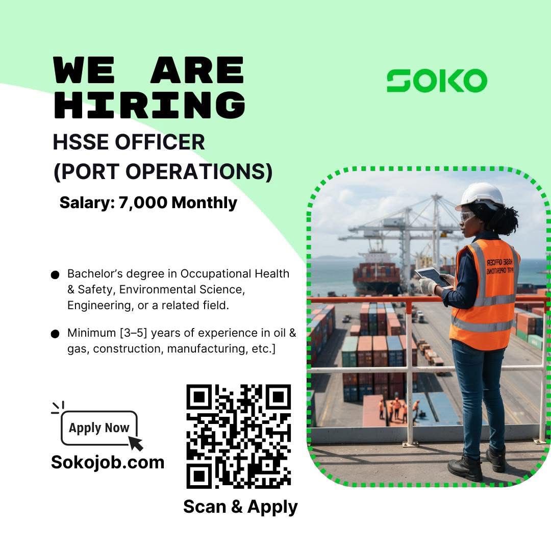 SokoJobs's tweet photo. Apply now on https://t.co/cbEEXbN978

We’re hiring an HSSE Officer (Port Operations) with a monthly salary of GHS 7,000.

Location: Accra
Scan the QR code or tap on the link https://t.co/65eaHvWHD2

#SokoJob #NowHiring #HSSEOfficer #PortOperations #SafetyJobs #GhanaJobs #ApplyNow https://t.co/0bMnzksc8G