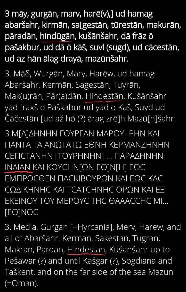 The earliest mention of the term "Hindustān" is from the 3rd-century CE Kaba-e-Zartosht inscription of Shapur I (Fars Province, Iran). This is a trilingual inscription, mentioning India as "Hindūgān" in Partian, "Hindestān" in Persian, and "Indian" in Greek.