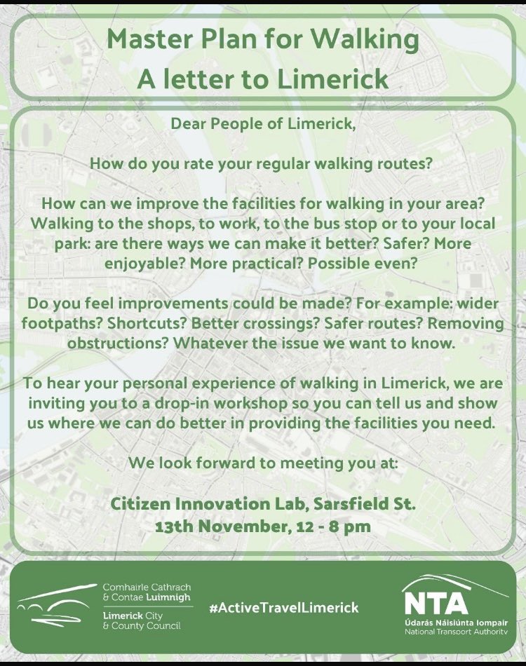 PedestrianLK's tweet photo. REMINDER: Limerick Council has a drop-in session TODAY (Thursday) at the Citizen Innovation Lab (old Dunnes) on Sarsfield St to develop a master plan for walking in Limerick.
They want to know your pedestrian-related problems! Have at it!
Runs till 8pm.
#ActiveTravelLimerick https://t.co/W1y7YrM9gV