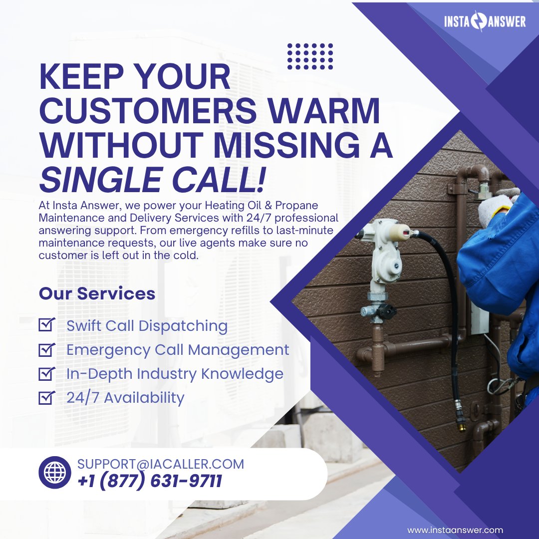 Insta_Answer's tweet image. Whether it’s peak summer or freezing winter, your clients deserve prompt answers.

Call (877) 631-9711 or email support@iacaller.com today and let us keep your lines warm all year long!

#PropaneRefill #CustomerService #InstaAnswer #PropaneService #CustomerSuccess #HeatingSystem