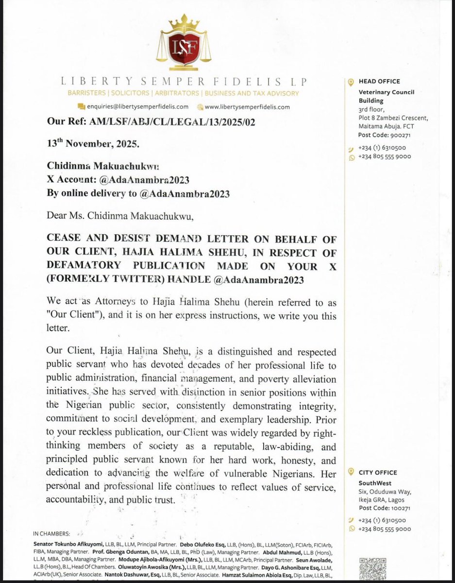 libertysemperlp's tweet photo. Demand for Retraction and Apology: Re: Halima Shehu. @AdaAnambra2023 https://t.co/L1FrQsPS0c