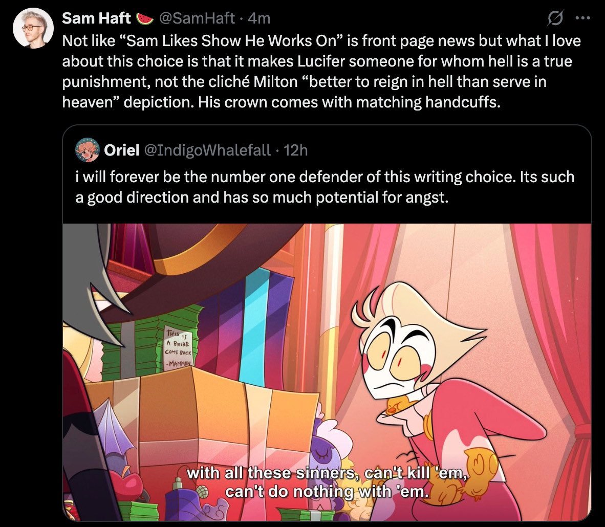 mothmantoaflame's tweet photo. In Paradise Lost, Hell is filled with suffering for Lucifer, including being forced to turn into a mindless snake for a whole day once every year. This “his crown comes with punishment” shit isn’t new. Hell, I’d say “good guy Lucifer” is way more cliche than “cliche Milton” https://t.co/0D4wvWbn3T