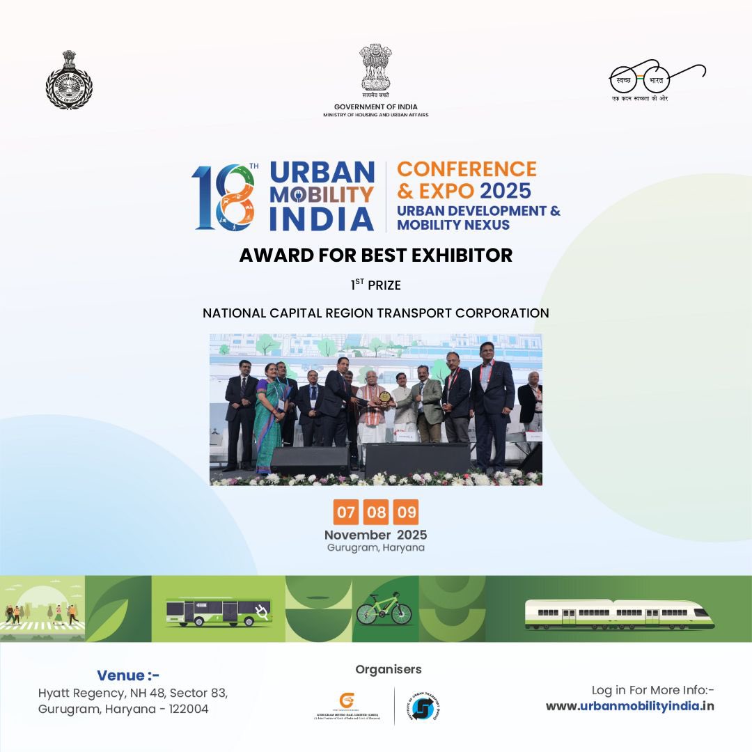 UMIConfExpo's tweet image. 🏆 Best Exhibitor Award — 1st Prize!
Proud moment as NCRTC receives top honours at the 18th Urban Mobility India Conference &amp;amp; Expo 2025.
#UrbanMobility2025 #SmartTransport #NCRTC
@MoHUA_India @ut_MoHUA @mlkhattar @tokhansahu_bjp @Secretary_MoHUA @cmohry @mygovharyana @DiprHaryana…