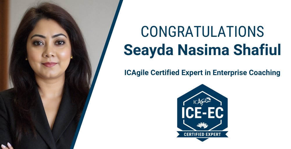 ICAgile's tweet image. Join us in celebrating Seayda Nasima Shafiul, who earned the prestigious, competency-based ICAgile Certified Expert in Enterprise Coaching (ICE-EC) designation!

Learn more about competency-based certification for the discipline of Enterprise Coaching: hubs.la/Q03R71GH0