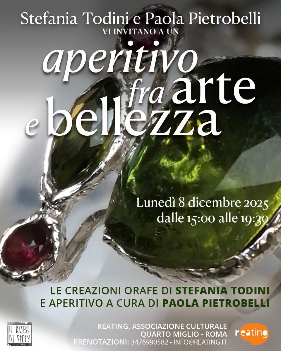 reatinglab's tweet image. Un invito esclusivo a un aperitivo fra arte e bellezza.
Un pomeriggio da trascorrere in compagnia, dove poter scoprire le creazioni orafe di Stefania Todini, accompagnate da un aperitivo della chef Paola Pietrobelli… 
Lunedì 8 dicembre 2025 h 15:00
reating.it/evento/aperiti…