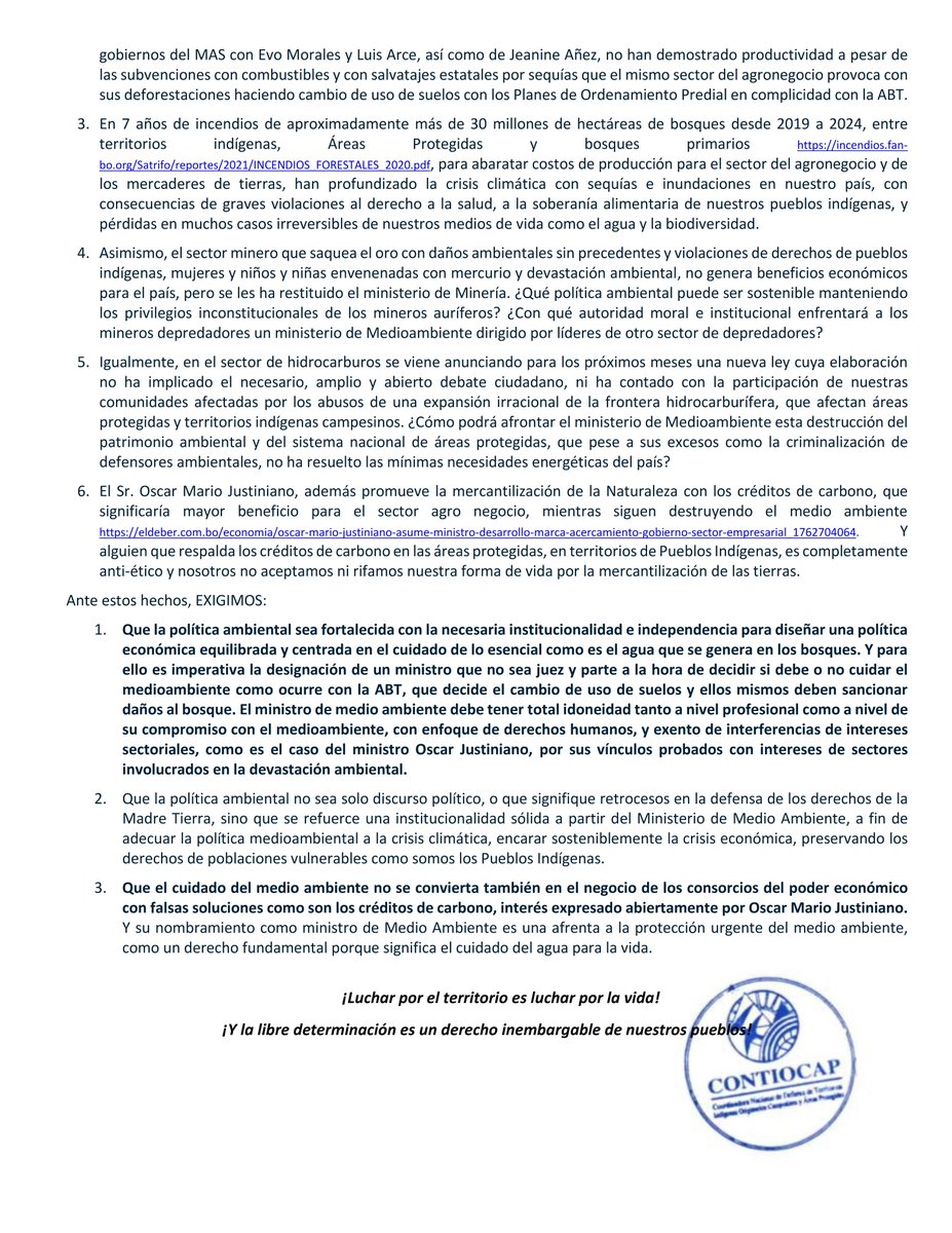 RECHAZAMOS ROTUNDAMENTE la designación de Oscar Justiniano como ministro de Medioambiente #Bolivia por sus vínculos con el sector del agronegocio que provoca incendios y deforestación, agravando la crisis climática.
Aquí nuestro posicionamiento público👇
facebook.com/share/p/16jdjf…