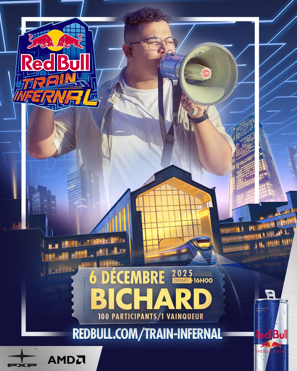 J’AI MON TICKET ! 🎟️ 

LE TRAIN INFERNAL BY <a href="/RedBullFrance/">Red Bull France</a> 

Rdv le 6 décembre pour éteindre les 99 autres créateurs qui participeront avec moi !
Il y aura 1 SEUL gagnant 😈 

ÇA VA ÊTRE TROP BIEN ! 
On est au courant de rien 🥸
Ça sera sur la chaîne de <a href="/Kammeto/">Kameto</a>
