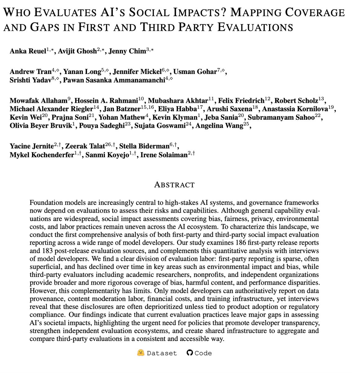 🚨 AI keeps scaling, but social impact evaluations aren’t–and the data proves it

Our new paper, 📎“Who Evaluates AI’s Social Impacts? Mapping Coverage and Gaps in First and Third Party Evaluations,” analyzes hundreds of evaluation reports and reveals major blind spots ‼️🧵 (1/7)