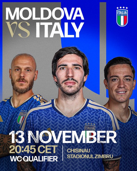 Graphic with blue background showing Moldova vs Italy match title in white text on left side and Italian flag with four stars on right. Below title three Italian players in blue Azzurri jerseys with leaf patterns and Italy logos stand posed: bald player with beard on left, central player with mustache, right player smiling. Bottom text reads 13 November 20:45 CET Chisinau Stadium WC Qualifier in gold.