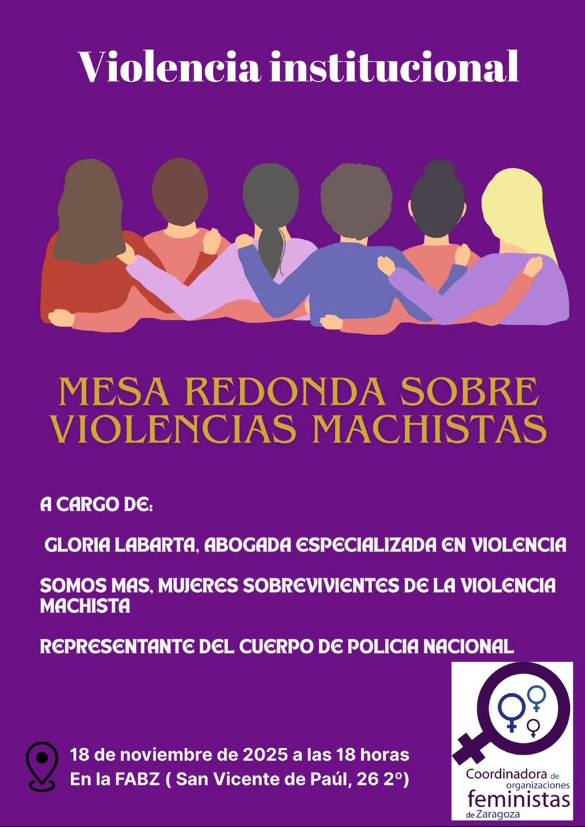 Os esperamos en la mesa redonda que hemos organizado sobre violencias machistas enfocandonos en la violencia institucional con Gloria Labarta y <a href="/asocsomosmas/">Asociación SOMOS+</a> y #PoliciaNacional
📆 18 de nov
🕕 18h
📍 Sede FABZ ( Vicente de Paul,26) #Zaragoza
#StopViolenciaMachista
#25N