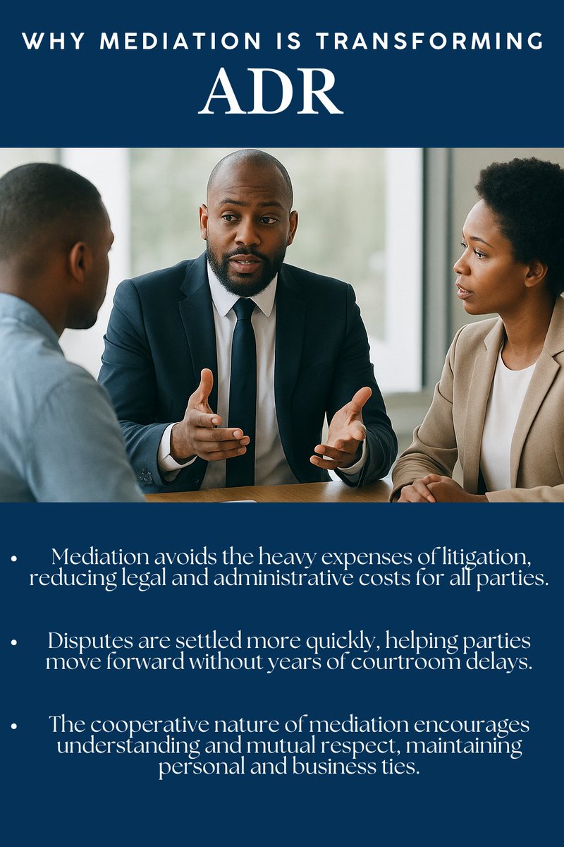 WyneLegal's tweet image. Mediation isn’t replacing litigation, it is redefining resolution. It’s faster, more affordable, and preserves relationships. In Africa, more people are choosing dialogue over dispute.

Would you pick mediation over litigation? 🤔
#MediationMatters #ADR
