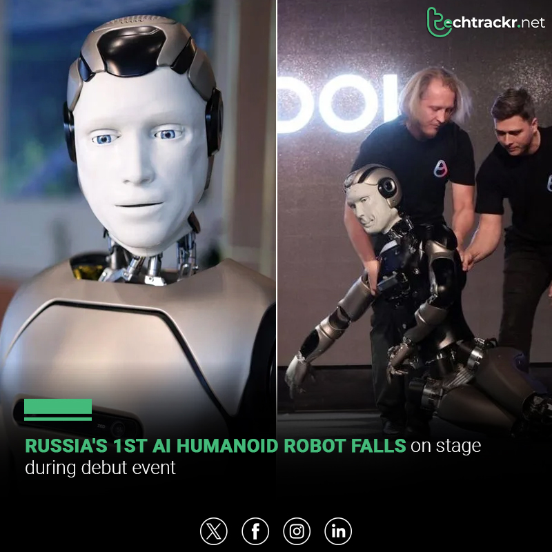 TechTrackr_net's tweet image. Russia’s AI robot Aidol falls on stage during debut; maker calls it a “learning moment.”

#AidolRobot #AI #TechFail #Robotics #TechNews #Innovation #TechTrackr #TechNews