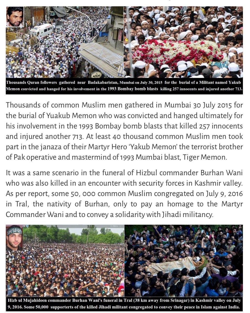 pallavict's tweet photo. Have you seen the CROWDS during the Janazas of terrorists like Burhan Wani & Yakub Memon ? 

You will FIRST to take out VICTIM card but LAST to condemn acts of terror?🤨

Please read this extremely well written post by Arshia Malik ji on why you need to CONDEMN terror attacks unequivocally👇👇