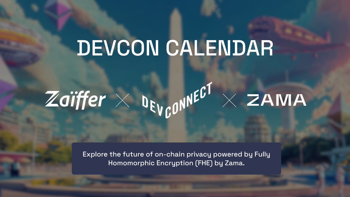 ZaifferProtocol's tweet image. We’re excited to present our On-chain Privacy Calendar at @EFDevcon with @zama &amp;amp; @OpenZeppelin !

Can’t wait to connect with some of the brightest minds in finance, compliance, and blockchain.⬛

Catch us in the events below ⬇️