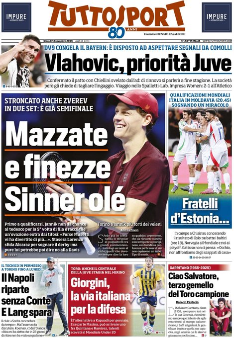Front Page Tutto Sport, Thursday 13 November 2025