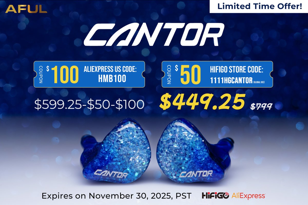 HiFiGoAudio's tweet image. 🔥@AFULJP Cantor is now at its best price for 𝗗𝗼𝘂𝗯𝗹𝗲 𝟭𝟭!😍
💰Use your coupon and take off into great sound!🚀
🛒 aliexpress.us/item/325680738…
#HiFiGo #AFUL #cantor #AliExpress #IEM #HiFi #Audiophile #double11 #Sale