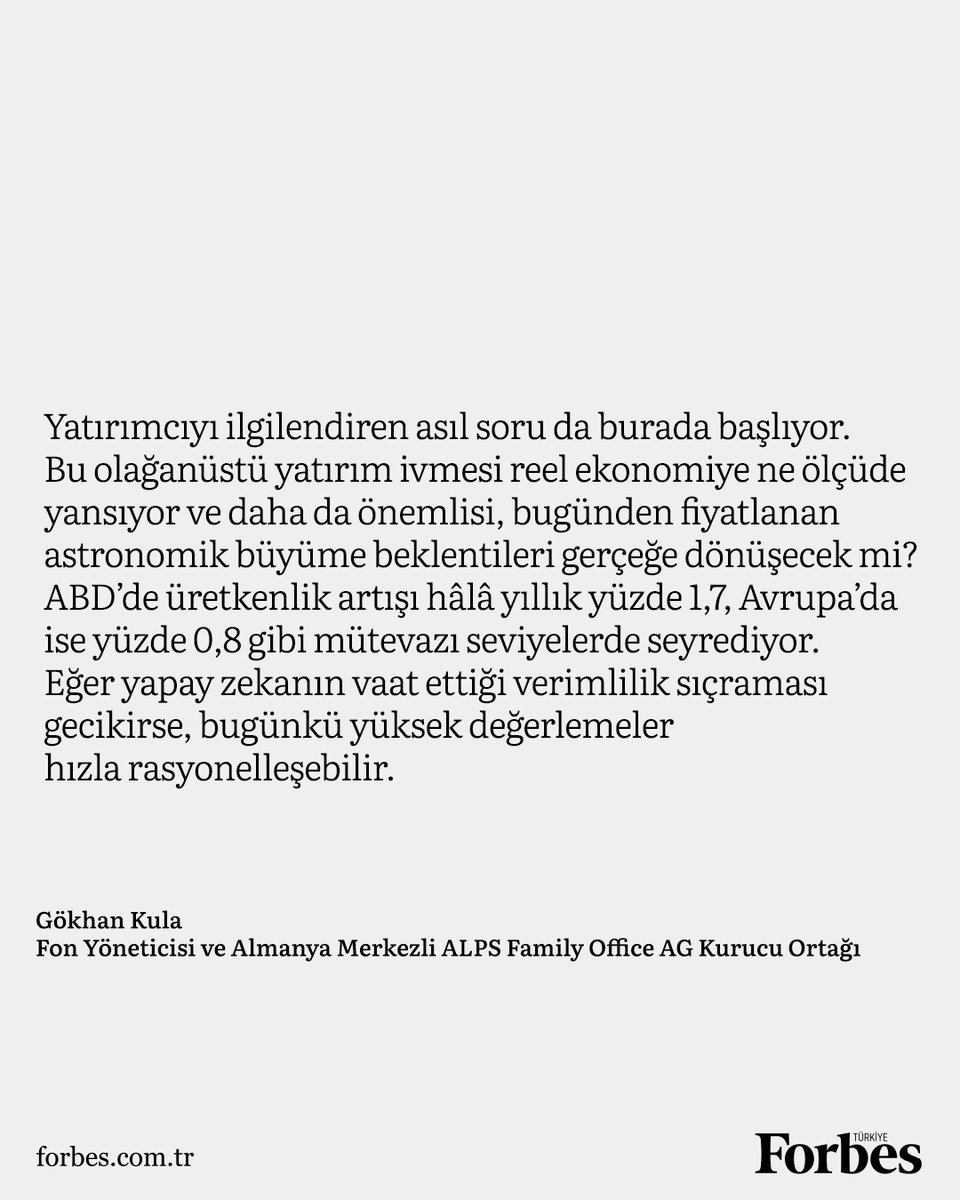 Gökhan Kula, yapay zeka devlerinin oluşturduğu Para Makinesi kavramını ele alıyor. Kula, bu hızlı büyümenin reel ekonomiye etkisinin ise hala sınırlı olduğuna dikkat çekiyor.

Yazısının tamamı web sitemizde.
🔒forbes.com.tr/dergi/yapay-ze…

💫 ''Türkiye'nin en zengin içeriği için hemen