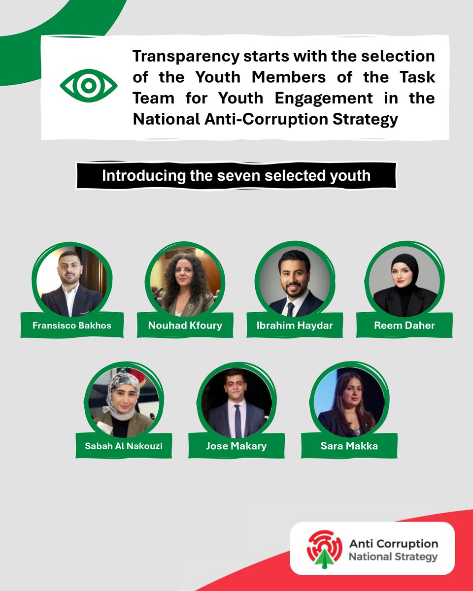 تُعلن وزارة الدولة لشؤون التنمية الإدارية عن اختيار سبعة شابات وشبان للانضمام إلى فريق عمل دعم دور الشباب في تنفيذ الاستراتيجية الوطنية لمكافحة الفساد.

سيشكّل هؤلاء الشابات والشبان إضافة نوعية لضمان أن تكون أصوات ورؤى الشباب جزءًا أساسيًا من الجهود الوطنية لمكافحة الفساد.