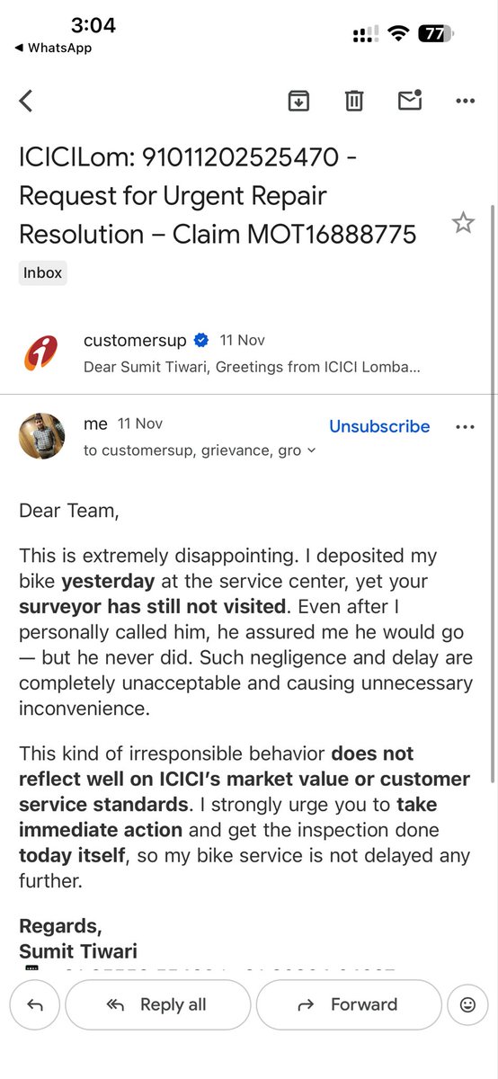 tsumit455's tweet photo. @ICICILombard No surveyor visit, no updates, repeated false assurances. Claim MOT16888775 unnecessarily delayed. Very poor service. Requesting intervention from @IRDAI_India. https://t.co/4KrXHWZKmH