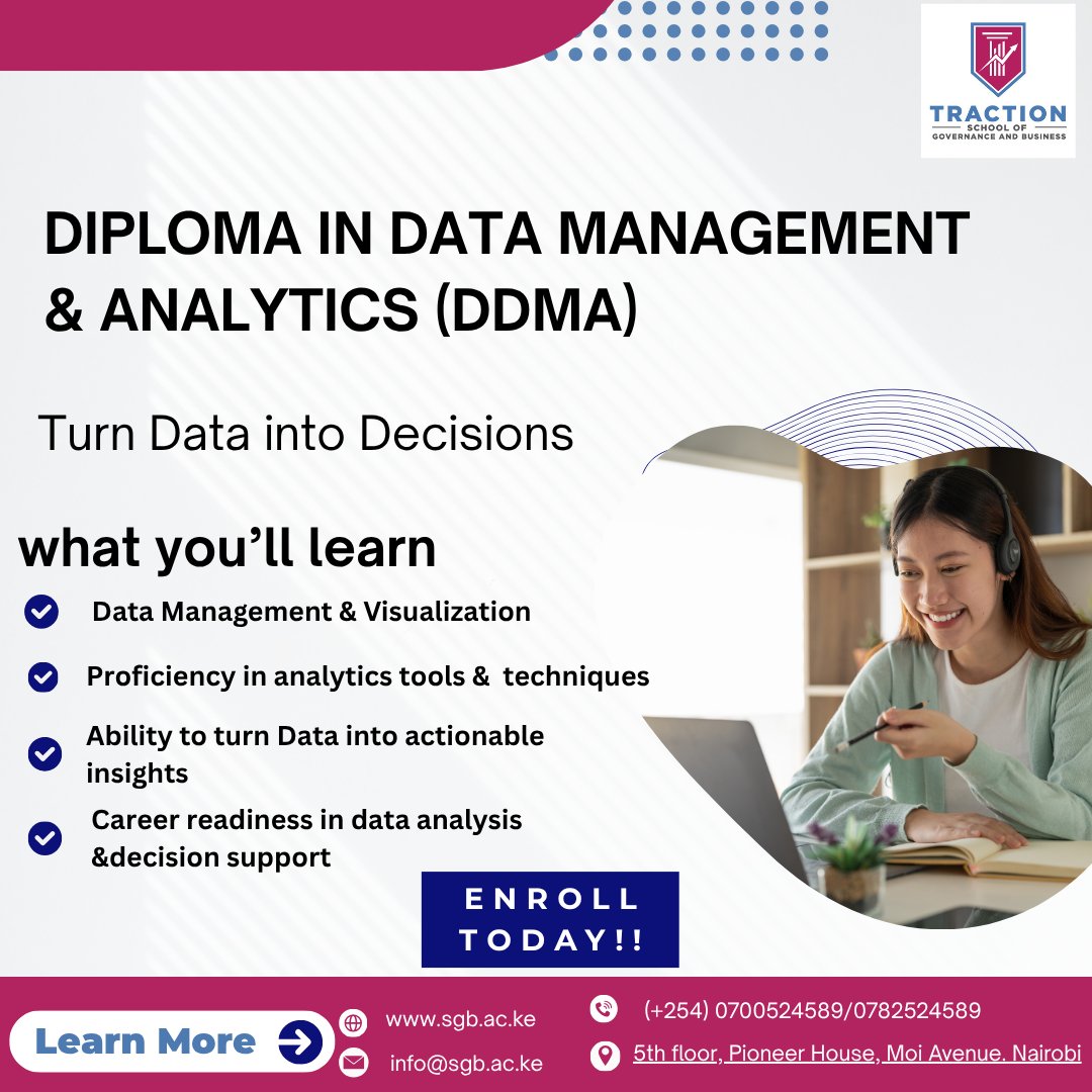 Traction_sgb's tweet image. 📊 Data is the new oil — learn how to refine it!
Join the DDMA program and unlock the power of analytics.
👉 Enroll today: sgb.ac.ke/official-stude…
#DDMA #DataAnalytics #FutureReady