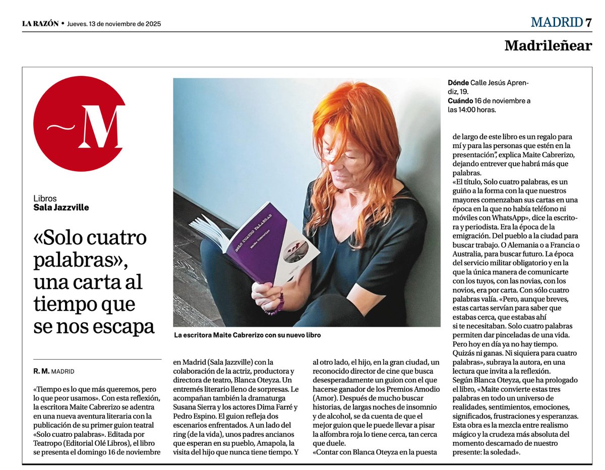 Saber titular es un arte. Se tiene o no se tiene. Y <a href="/RuizLop/">Rocío Ruiz</a>  lo tiene. ¿Se puede decir más bonito? “Solo cuatro palabras, una carta al tiempo que se nos escapa” (<a href="/larazon_es/">La Razón</a> ) . Cuando la obra llega a los teatros, con tu permiso, este titular irá en los carteles. #Teatropo 💛