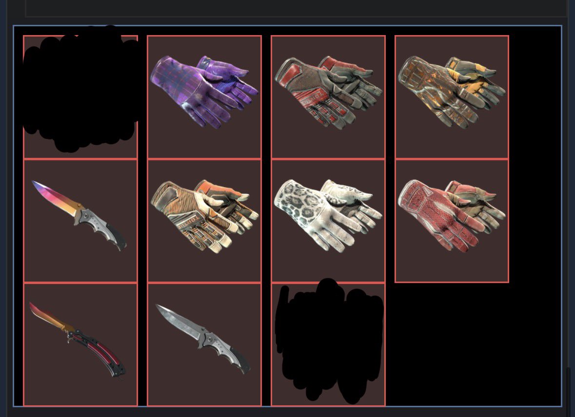 💜looking for💜
discontinued stickers laying around, hit my lines✨
need:
1x - Harp of war (holo)
1x - Winged defuser
1x - King on the field
1x - Howling dawn
———————————————
preferably trade for knifes/gloves

(screenshot for skins, gloves are ft some low some mid, fades are all