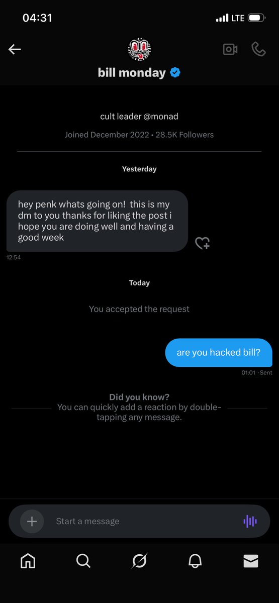 Got a DM from <a href="/billmondays/">bill monday</a> for liking his post.

i thought he’s hacked but i checked his previous post, it’s just him having fun.

lmao