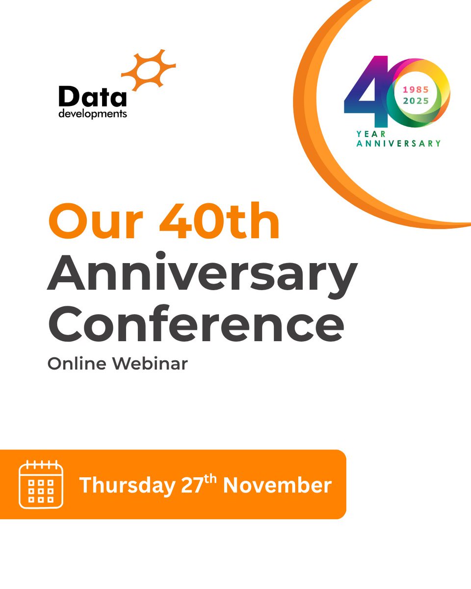 data_dev's tweet image. Join us on Thursday, 27th November, for our 40th Anniversary Conference!

We’re inviting experts, friends, and colleagues to discuss topics, share knowledge, and celebrate the history of Data Developments!

Register your place: datadevelopments.co.uk/Open-day

We hope to see you there!