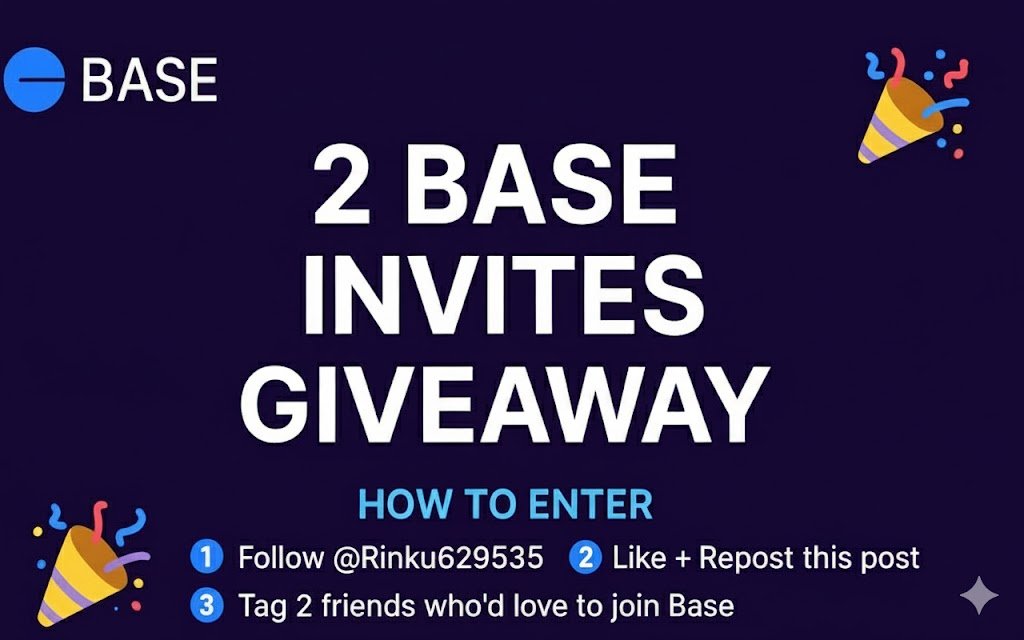 Rinku629535's tweet image. 🎉 2X Base Invite Code Giveaway @base  🚀

 How to join :👇

✅ Follow : @Rinku629535 
✅ Like + Repost this post 
✅Tag your 2 friends must important

Total 2 winners will get my official Base invite code  limited spots only  
✅ Timeline 24 Hours  ⏰

#Base #baseapp