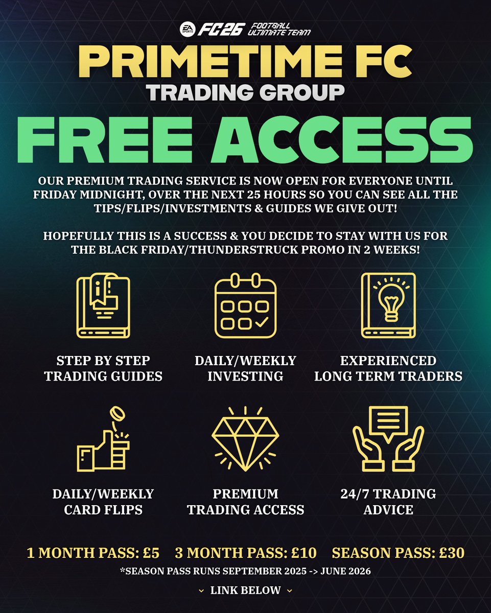 🚨 25 hours of Premium Trading Access STARTS NOW! 

Join using the link below &amp; get FREE access to everything in the Premium section until Friday midnight/Saturday morning! 🤝

Come &amp; boost your coin total! 🚀

#FC26