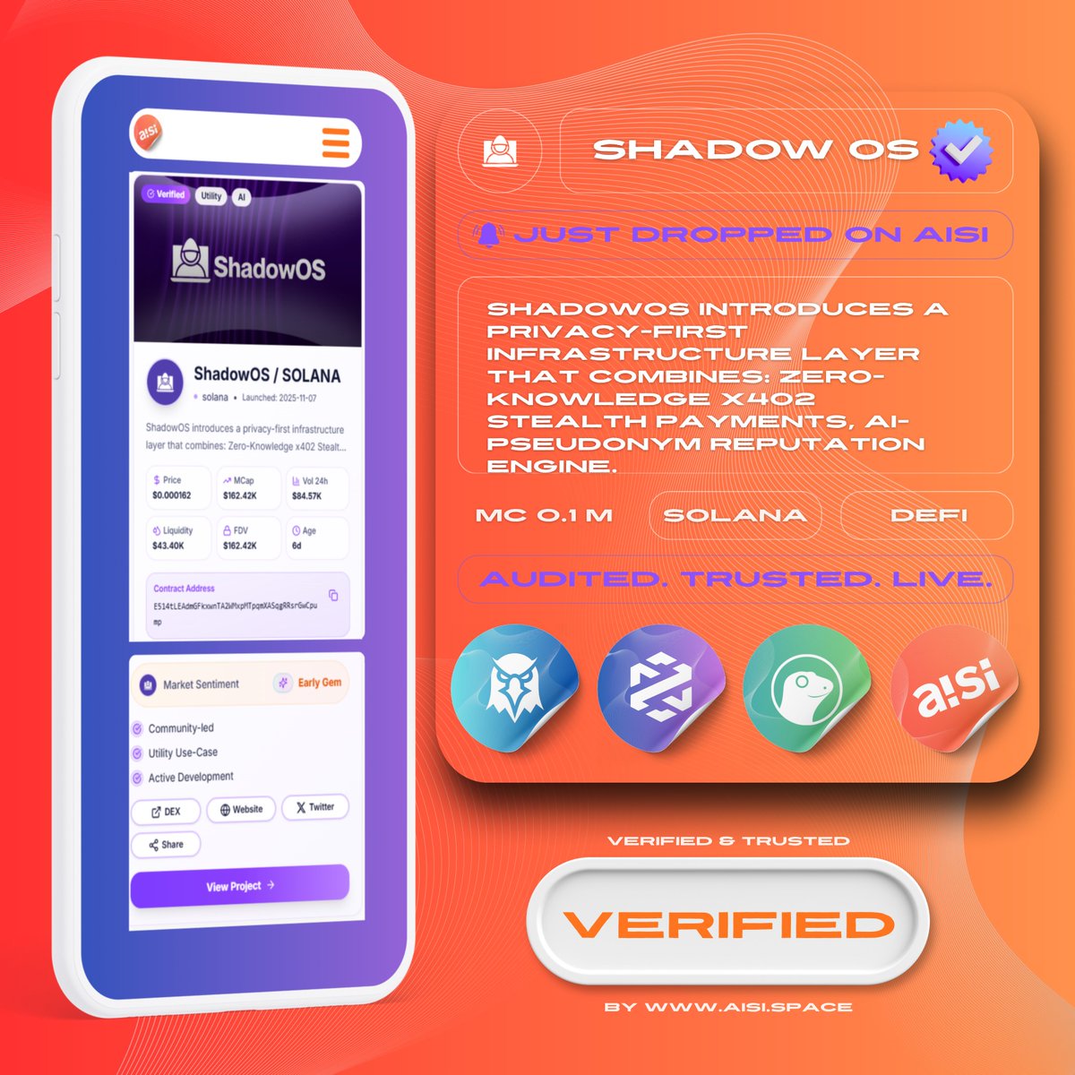 🎄 Officially Verified on AISI!

ShadowOS (<a href="/ShadowOSapp/">ShadowOS</a>) Introduces a privacy-first infrastructure layer that combines: Zero-Knowledge x402 Stealth Payments, AI-Pseudonym Reputation Engine with the power of AI!

Now AISI Verified 🔸

$SOS x $AISI

Experience multi-chain staking,