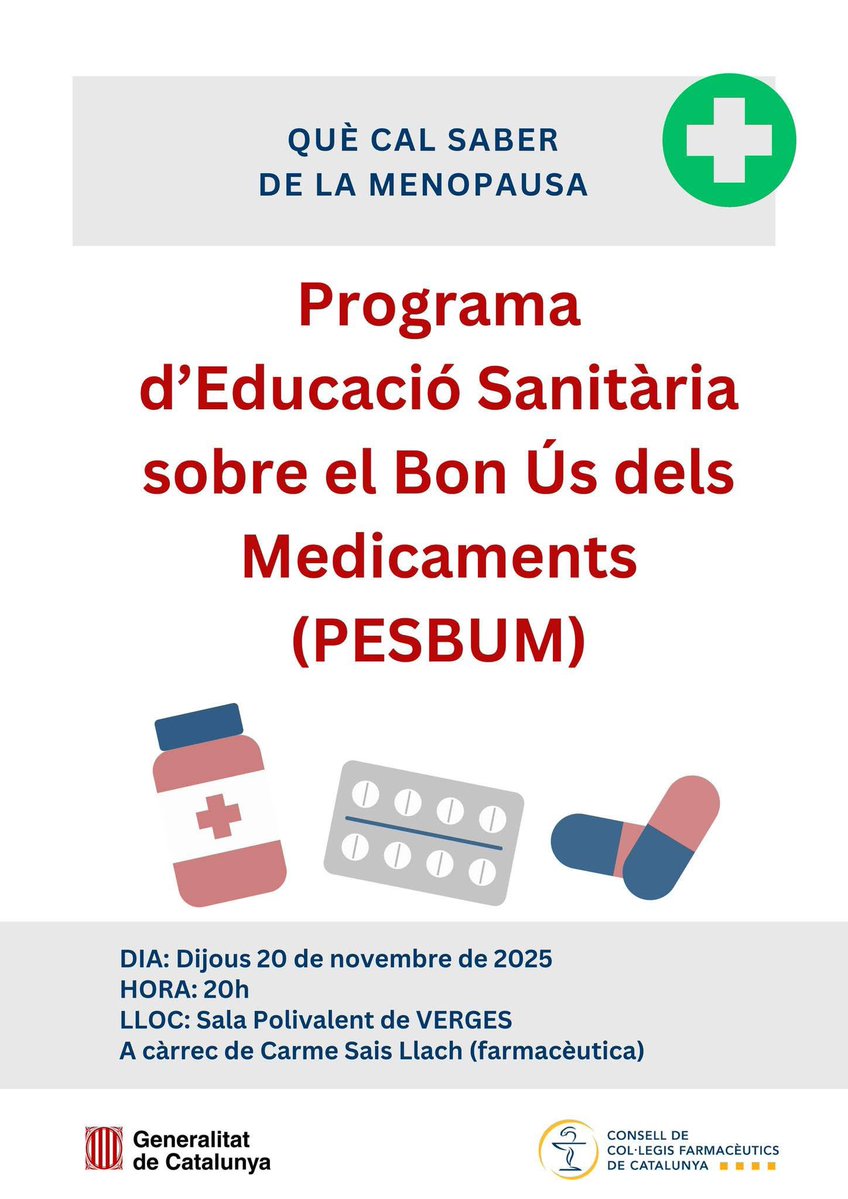🩺 Xerrada sobre la #menopausa

🗓️ Dijous, 20 de novembre
⏰ 8 del vespre
📍 Sala Polivalent de #Verges

🎙️A càrrec de la nostra farmacèutica, la Carme Sais que ens parlarà sobre la menopausa, els seus canvis, símptomes i com cuidar la salut durant aquesta etapa

Us hi esperem❗️