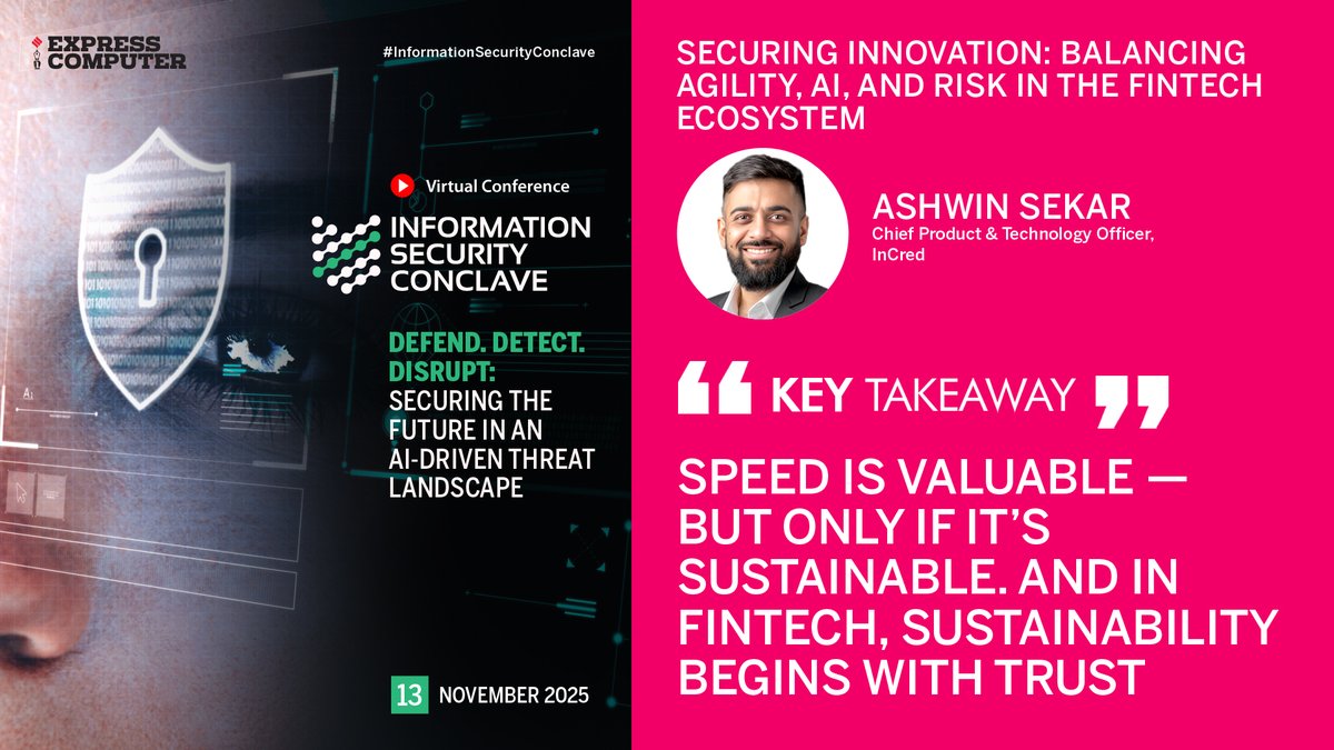 ExpComputer's tweet image. Key Takeaway: &apos;Speed is valuable — but only if it’s sustainable. And in fintech, sustainability begins with trust&apos;: Ashwin Sekar, Chief Product &amp;amp; Technology Officer, @InCredFin | #InformationSecurityConclave | #VirtualConference | 13th November 2025.

@srikrp @NivedanPrakash…