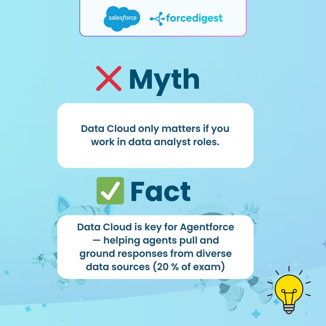 ForceDigest's tweet image. Don’t believe the myth — Data Cloud is central to the Agentforce Specialist exam. 🔥 

Learn this truth and you’ll be ahead. 

#SalesforceExam #DataCloud #AgentforceSpecialist #SalesforceCertified #SalesforceStudy #ExamPrep #SalesforceTraining #CertificationJourney #Salesforce