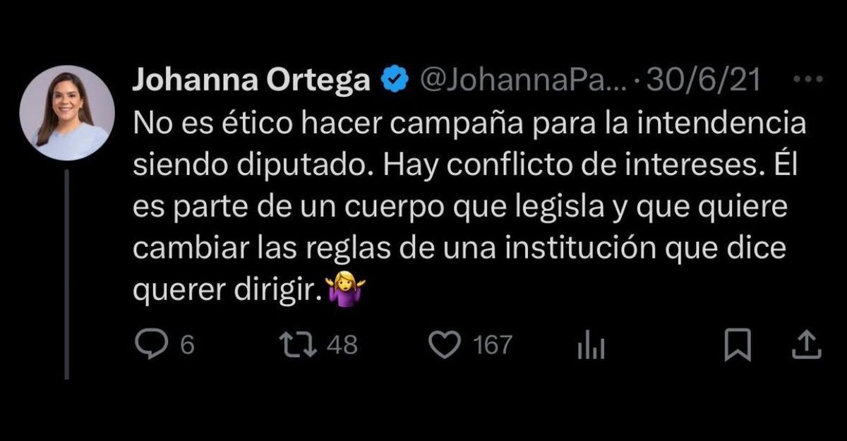 Acá están tus principios y tus convicciones yendo claramente de contramano con tus actos <a href="/JohannaParaguay/">Johanna Ortega</a>

No todos somos estúpidos y amnésicos ni nos vas a marear con juego de palabras.

Pediste que <a href="/sebagar8/">Seba Garcia</a> renunciara a su banca para hacer campaña "en igualdad de condiciones"