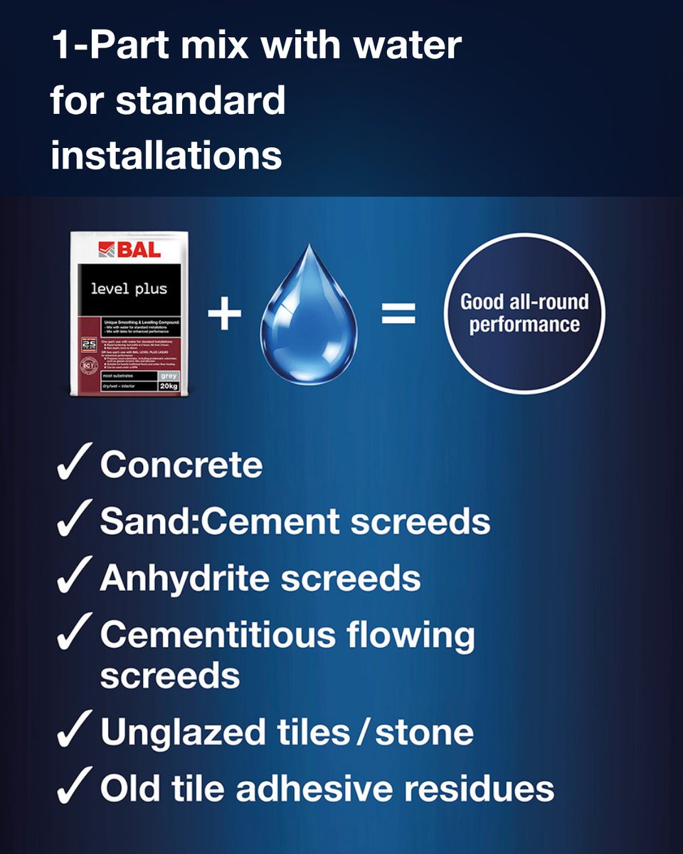 BALtiling's tweet image. With BAL Level Plus, choose the performance you need.

Use as a 1-part with water over common substrates or as a 2-part with BAL Level Plus Liquid latex for enhanced performance over more problematic substrates. 👌

bal-adhesives.com/products/bal-l…

 #LevelPlus #FloorLevelling #Tiling